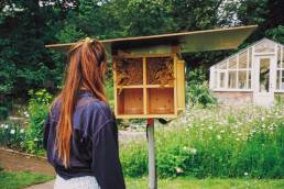 The image shows the artist standing in front of the multimedia bee installation 